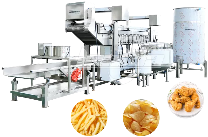 Freidora continua de alta eficiencia para el procesamiento industrial de alimentos.